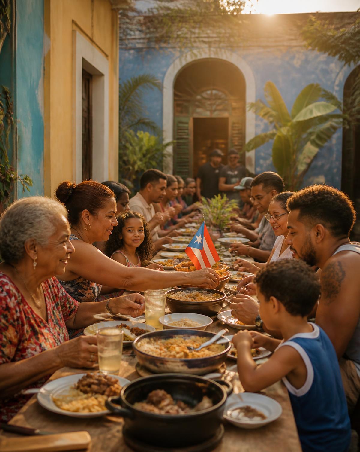 Neighbors of all ages sharing a community meal in a San Juan courtyard at golden hour