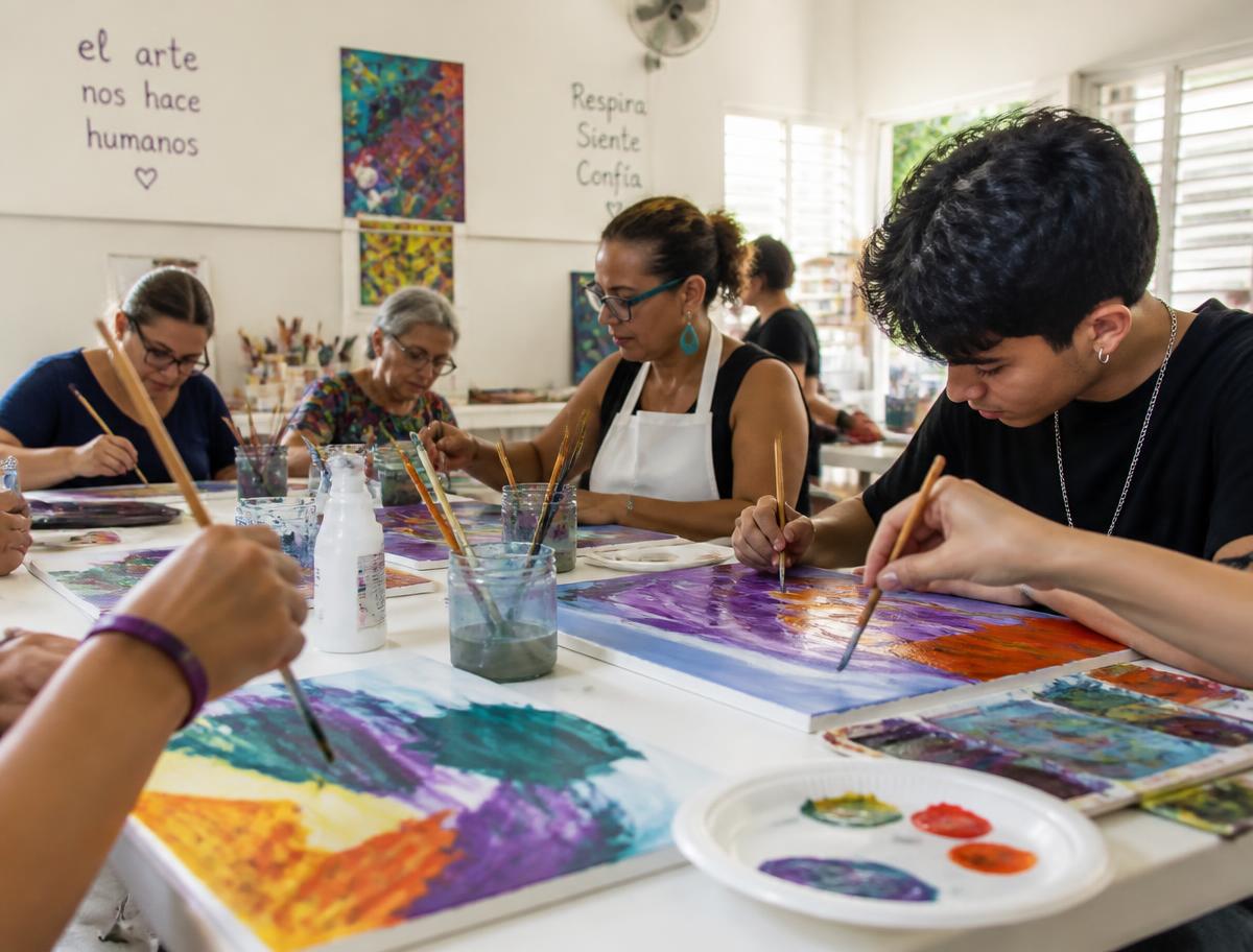 Residents painting canvases during an art therapy workshop
